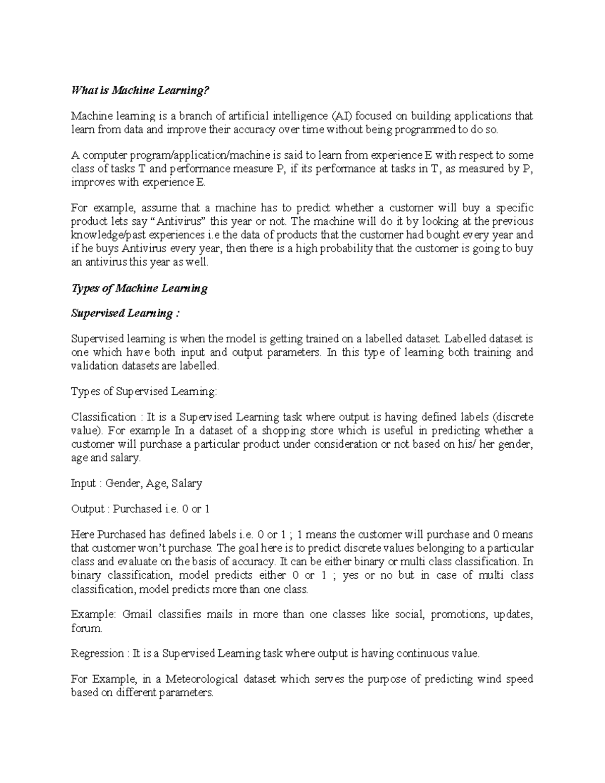 Sample Questionsfv - What is Machine Learning? Machine learning is a ...