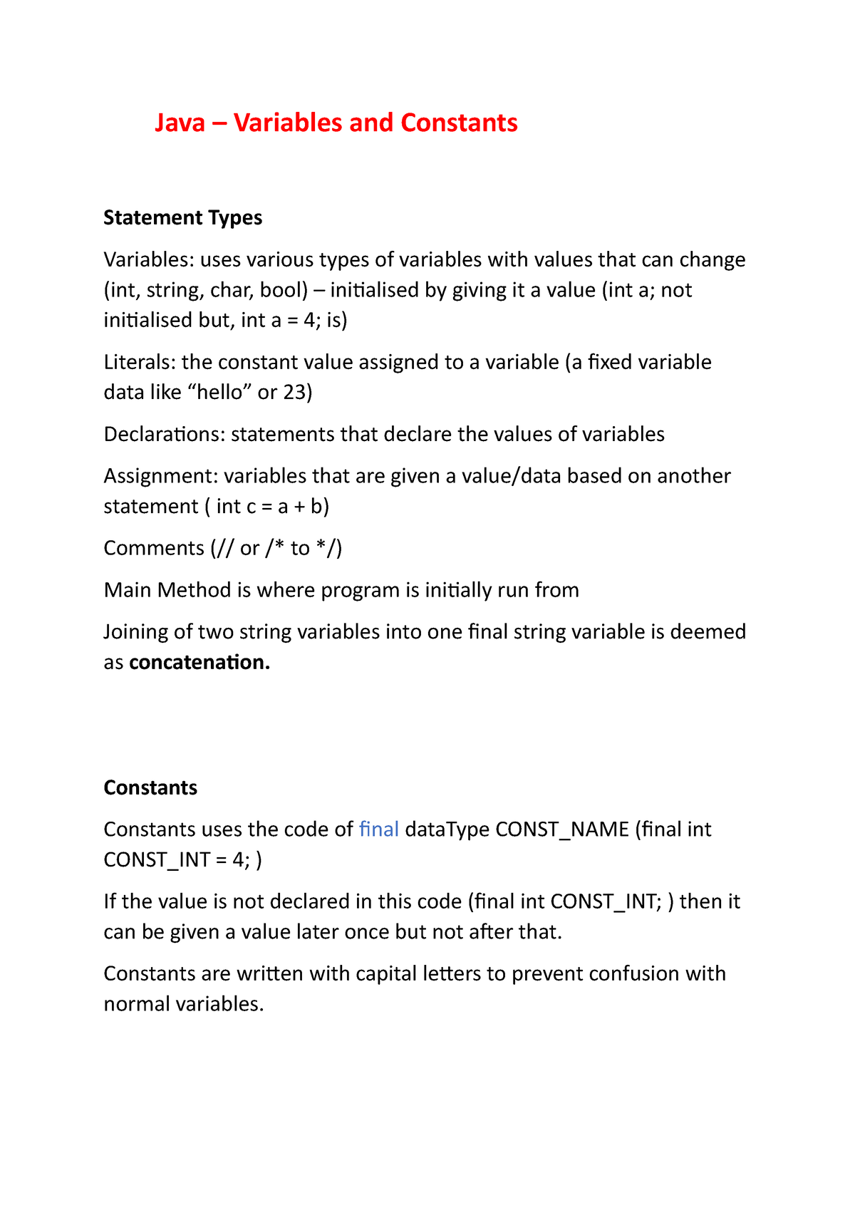 java variables homework