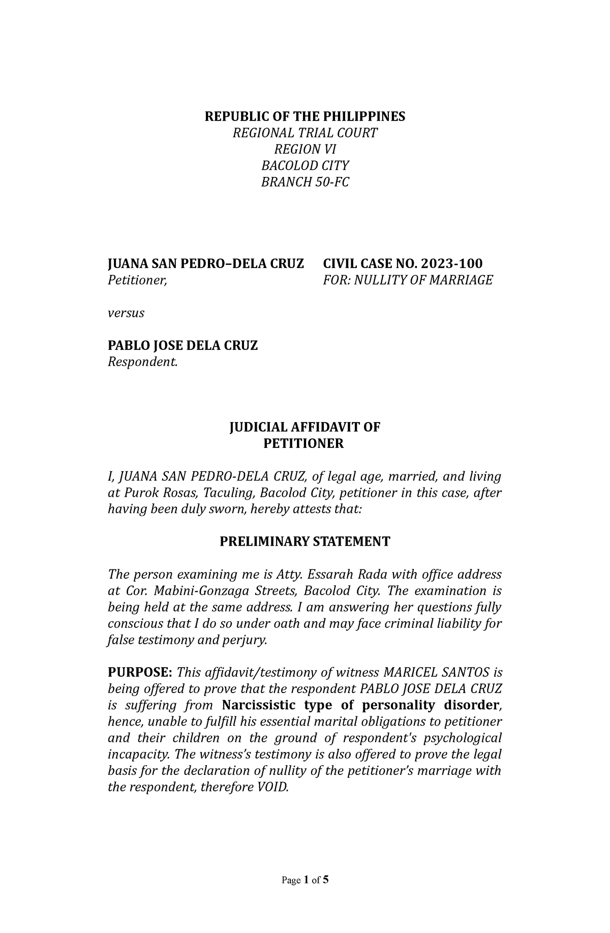 Judicial-Affidavit-Petitioner revised-v5 - Intro to Law - UNO-Recoletos ...