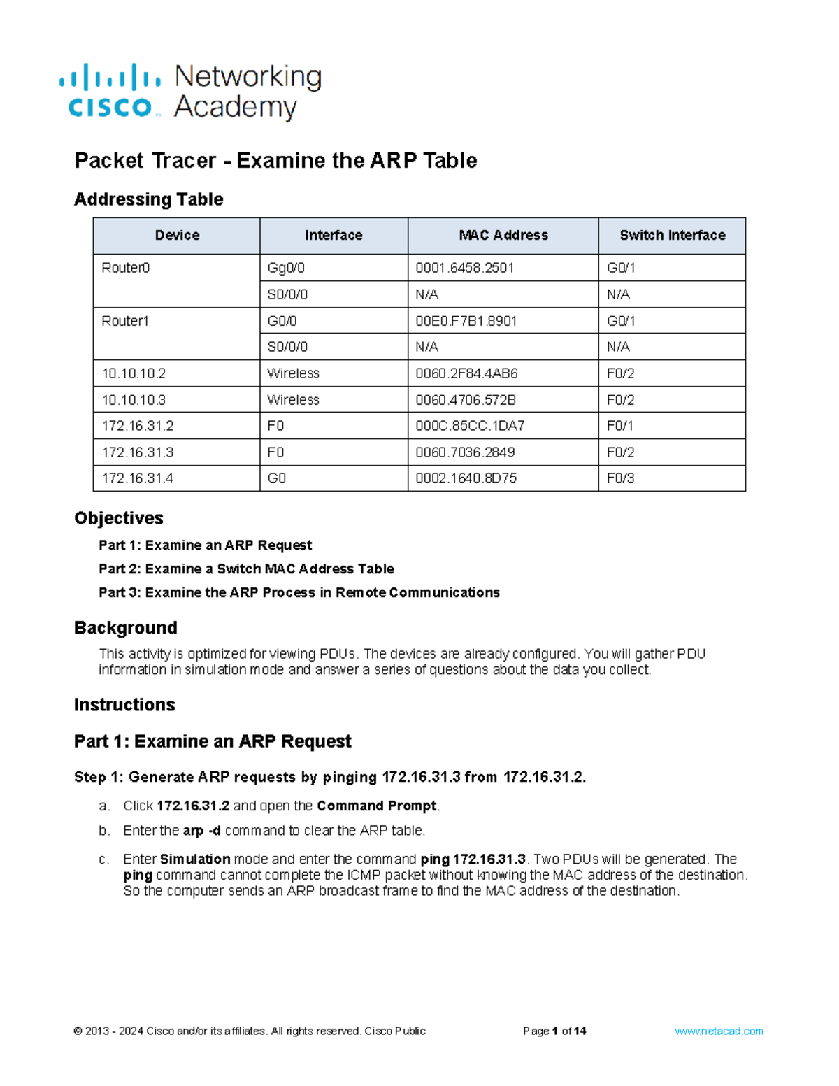 Lamntpce 192045 9.2.9 Packet Tracer - Examine the ARP Table ...