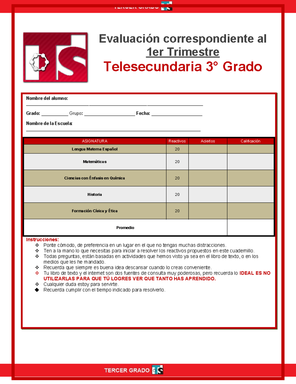 Exámen 1er Trimestre 3° Telesecundaria - Contestado - Evaluación ...