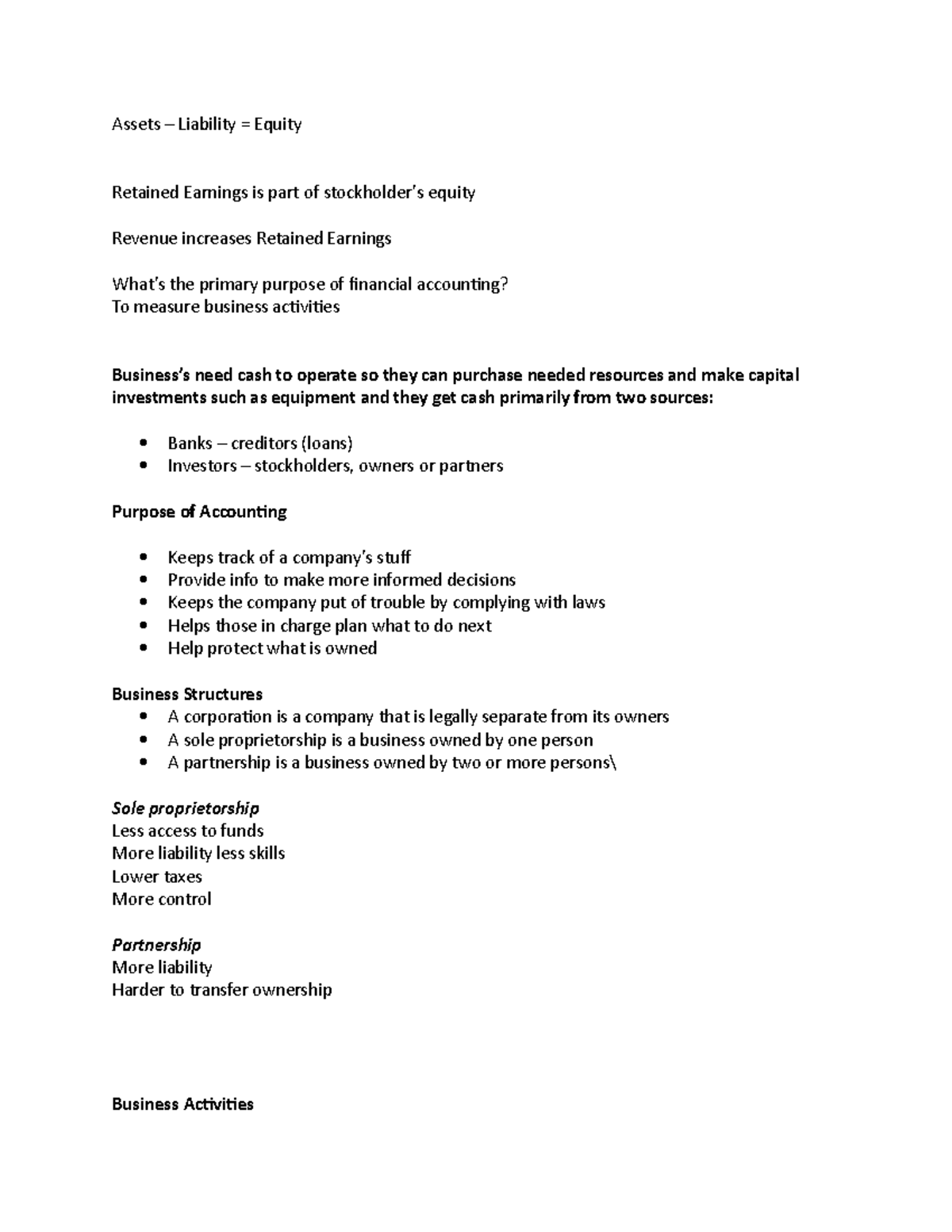 Accounting 230 Summary - Assets – Liability = Equity Retained Earnings ...