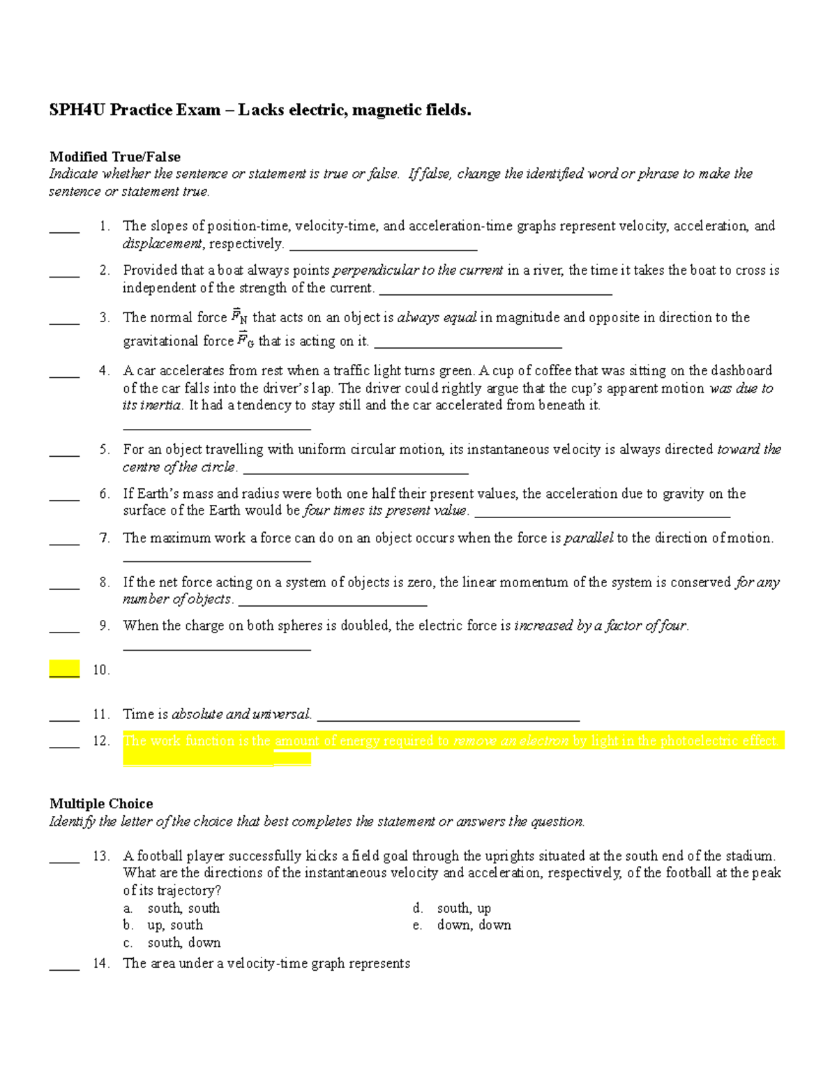 Practiceexam - Practice - SPH4U Practice Exam – Lacks Electric ...