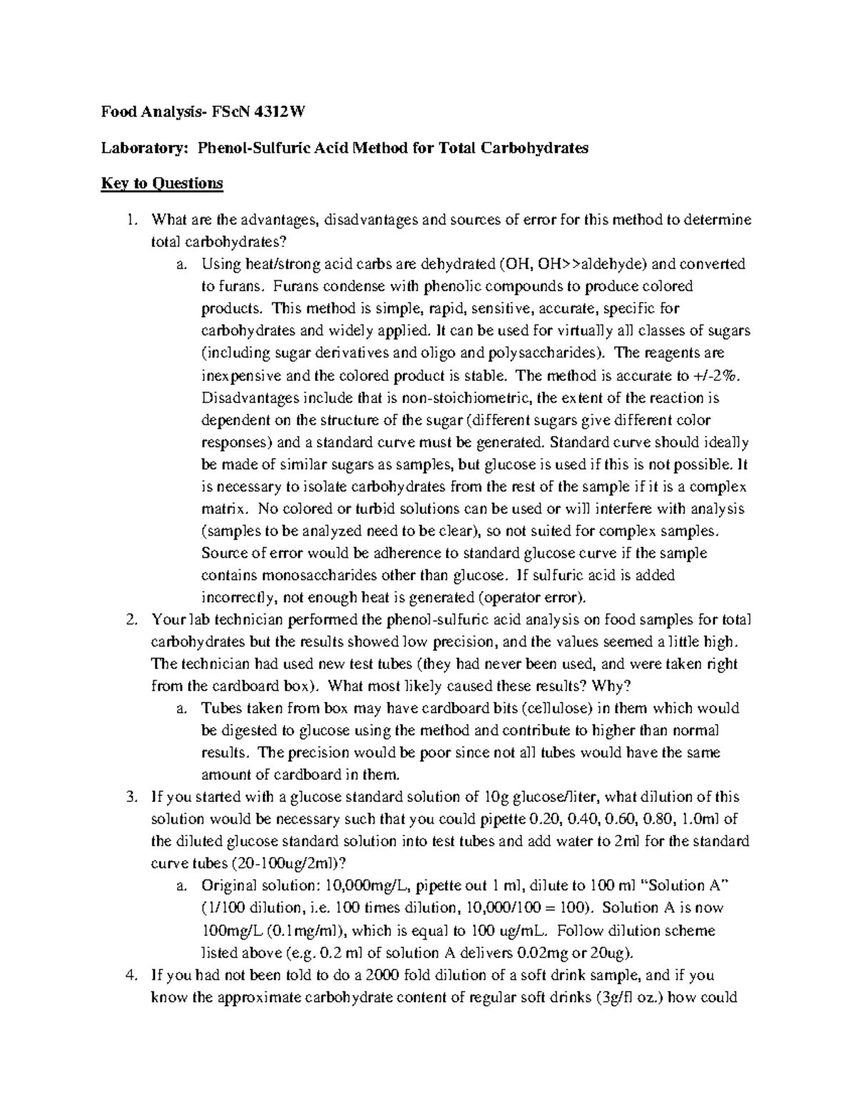 Lab 10 Phenol Sulfuric Answers to Questions1 Food Analysis FScN