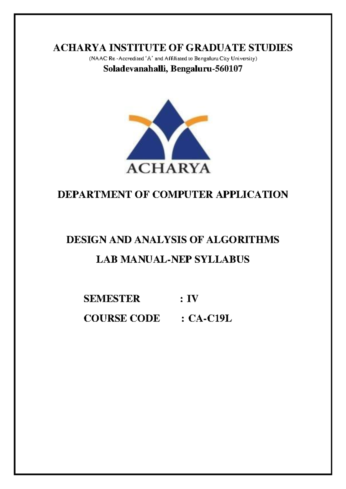 DAA LAB Manual Front PAGE Python - ACHARYA INSTITUTE OF GRADUATE ...