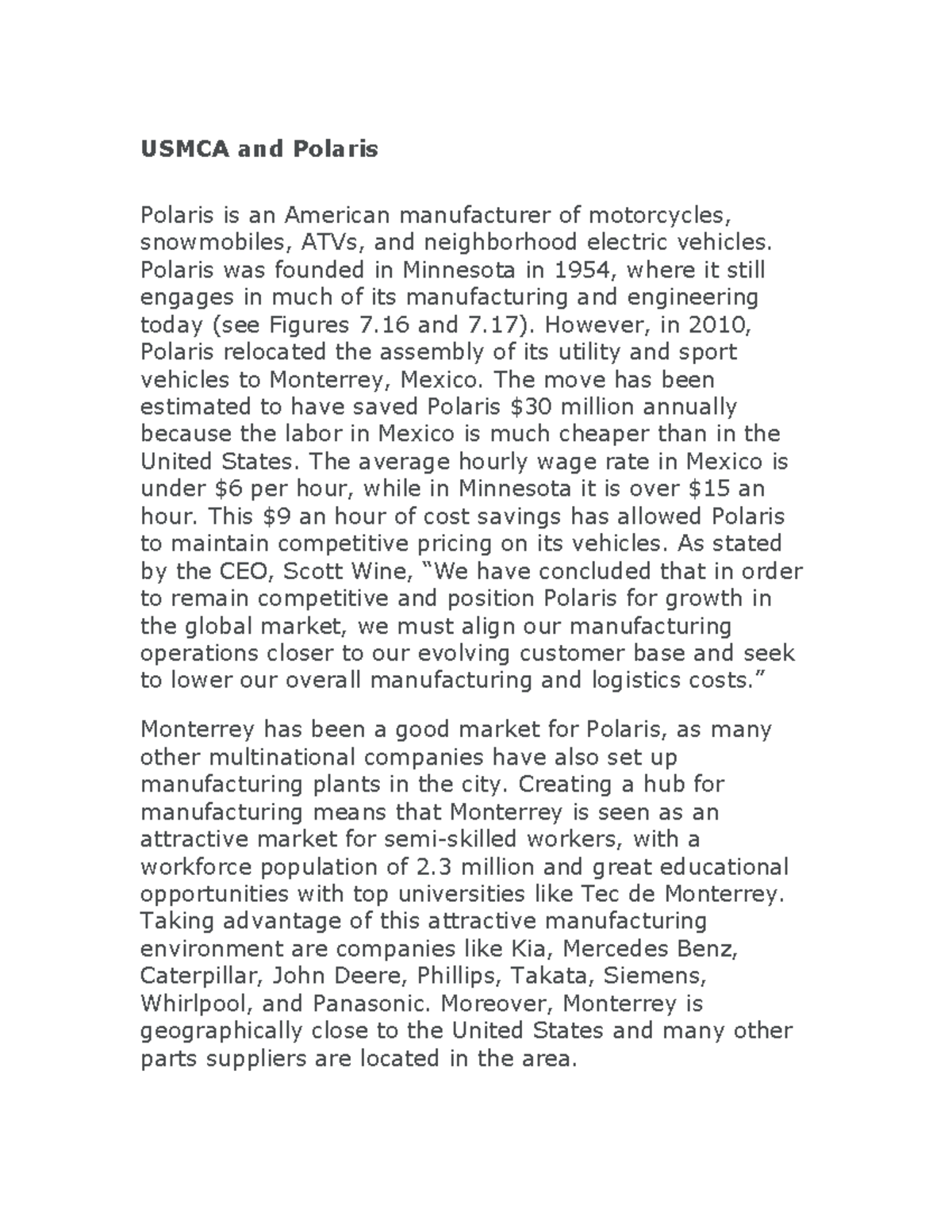 Case Study 1 - Usmca and Polaris - USMCA and Polaris Polaris is an ...