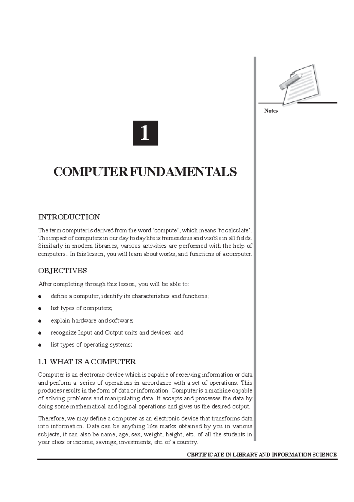 Intro To Computer - Computer Fundamentals :: 1 Notes 1 COMPUTER ...