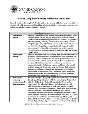 Week 3 - process addictions worksheet week 6 - Nicholas A. Garcia PCN ...