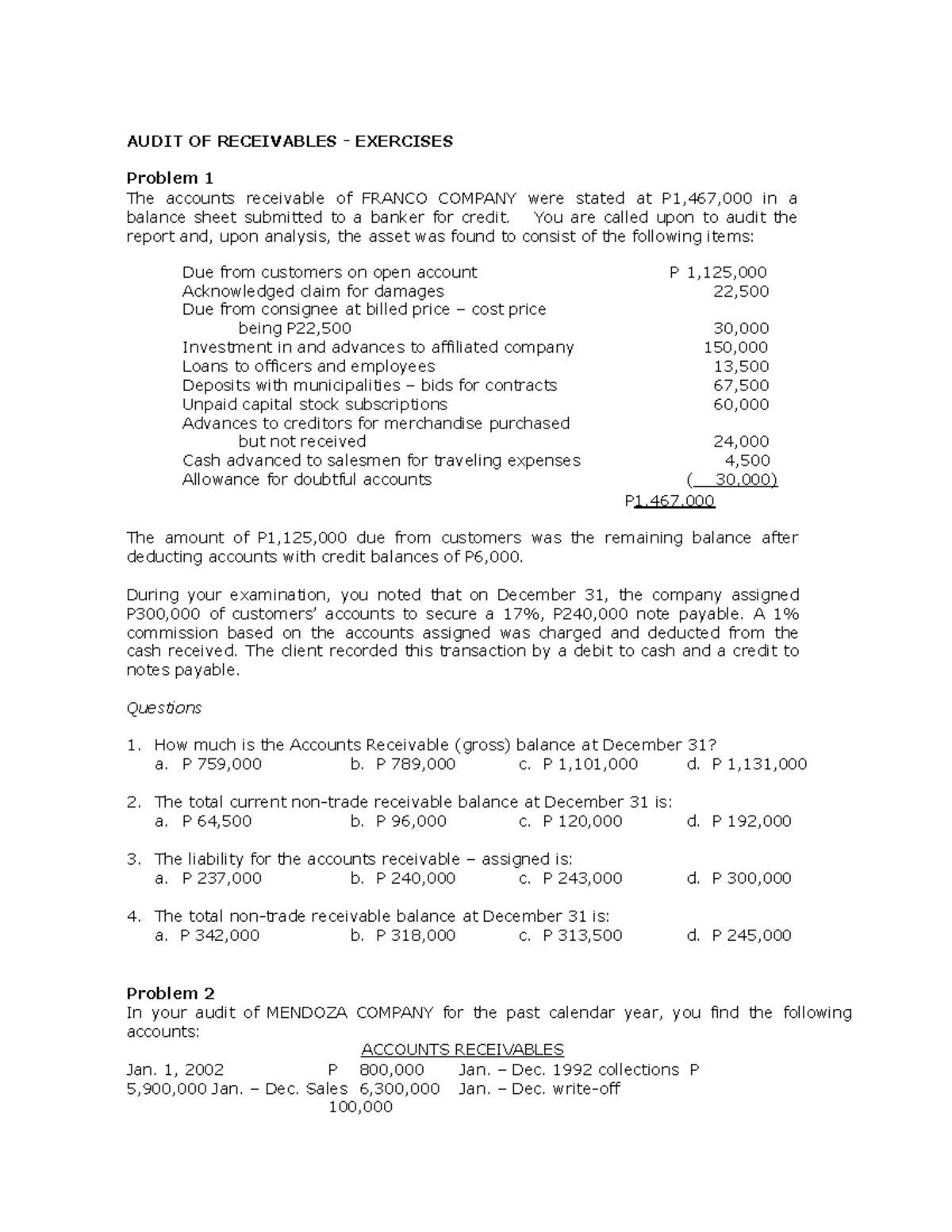 Audit Of Receivables Exercises Audit Of Receivables Exercises Problem 1 The Accounts Audit Of Receivables Exercises Audit Of Receivables Exercises Problem 1 The Accounts
