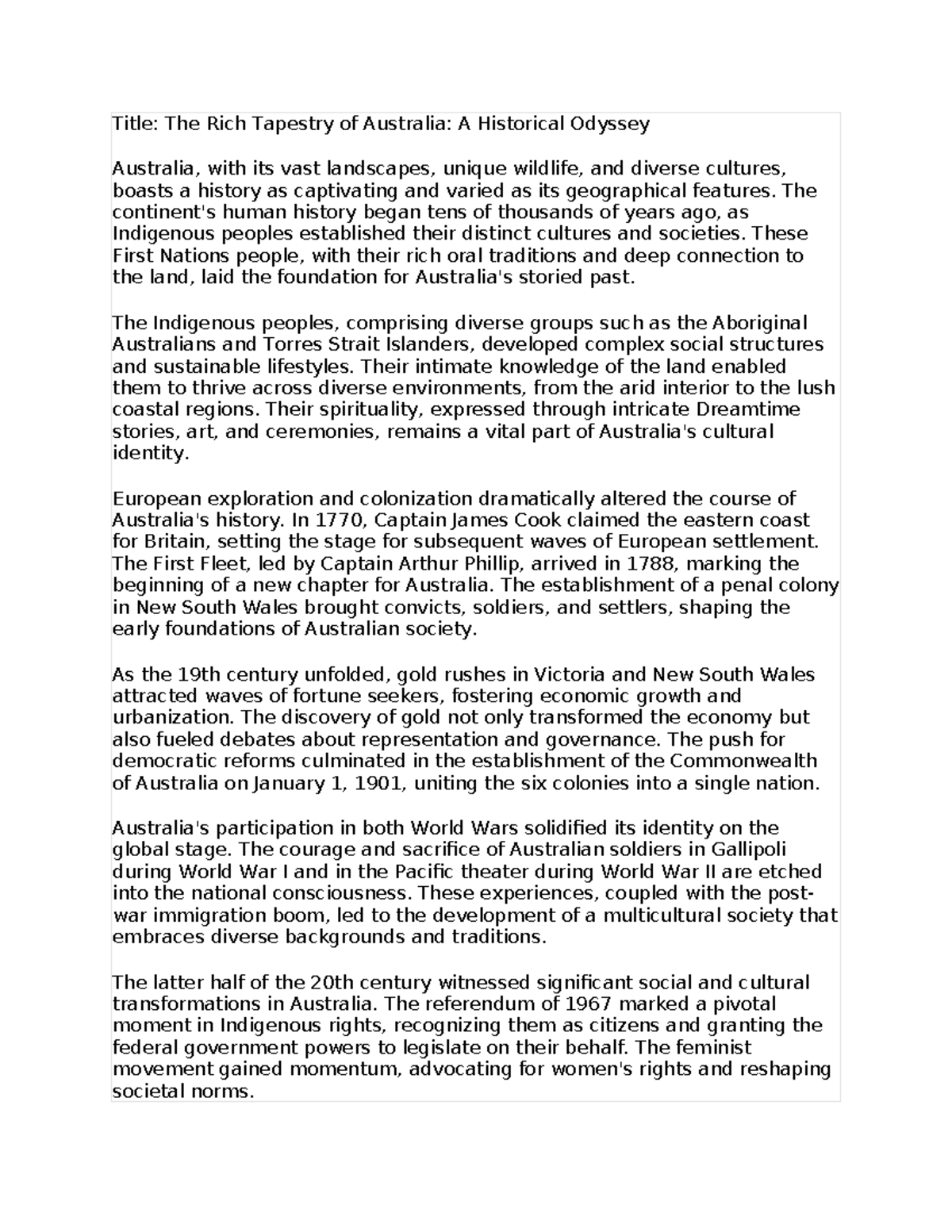 Australia History - Title: The Rich Tapestry of Australia: A Historical ...