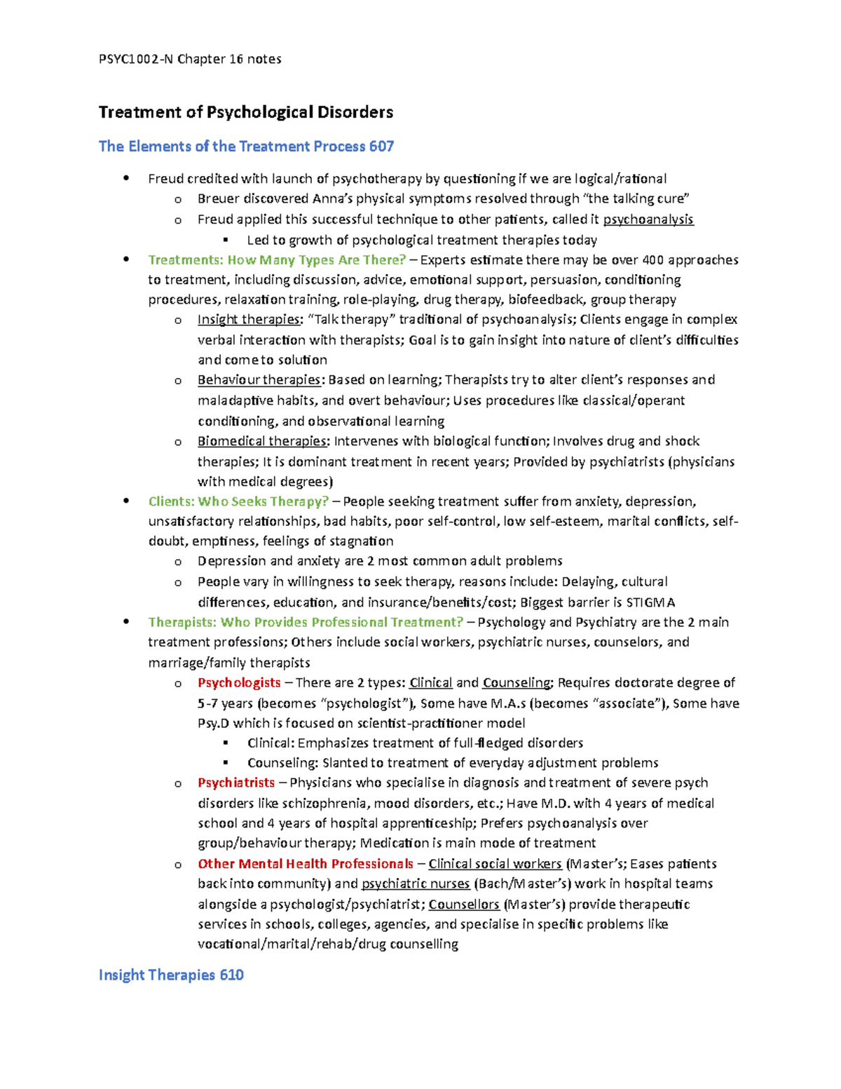Chapter 16 notes - Treatment of Psychological Disorders The Elements of ...