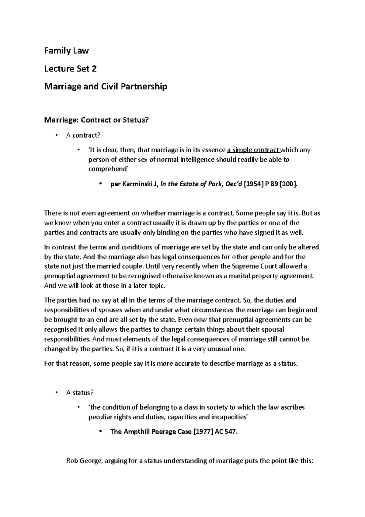 Lecture set 2 - notes - Family Law Lecture Set 2 Marriage and Civil ...