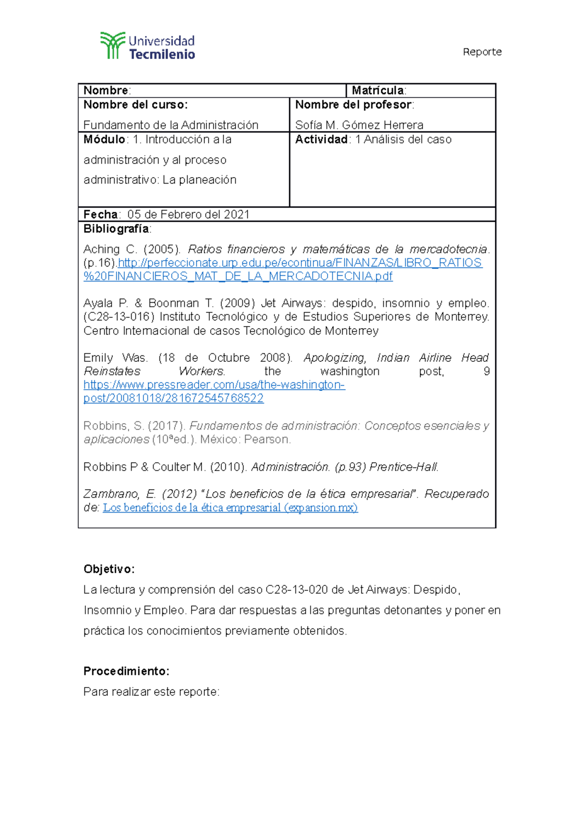 ACT 1 de la materia - Nombre : Matrícula : Nombre del curso: Fundamento ...