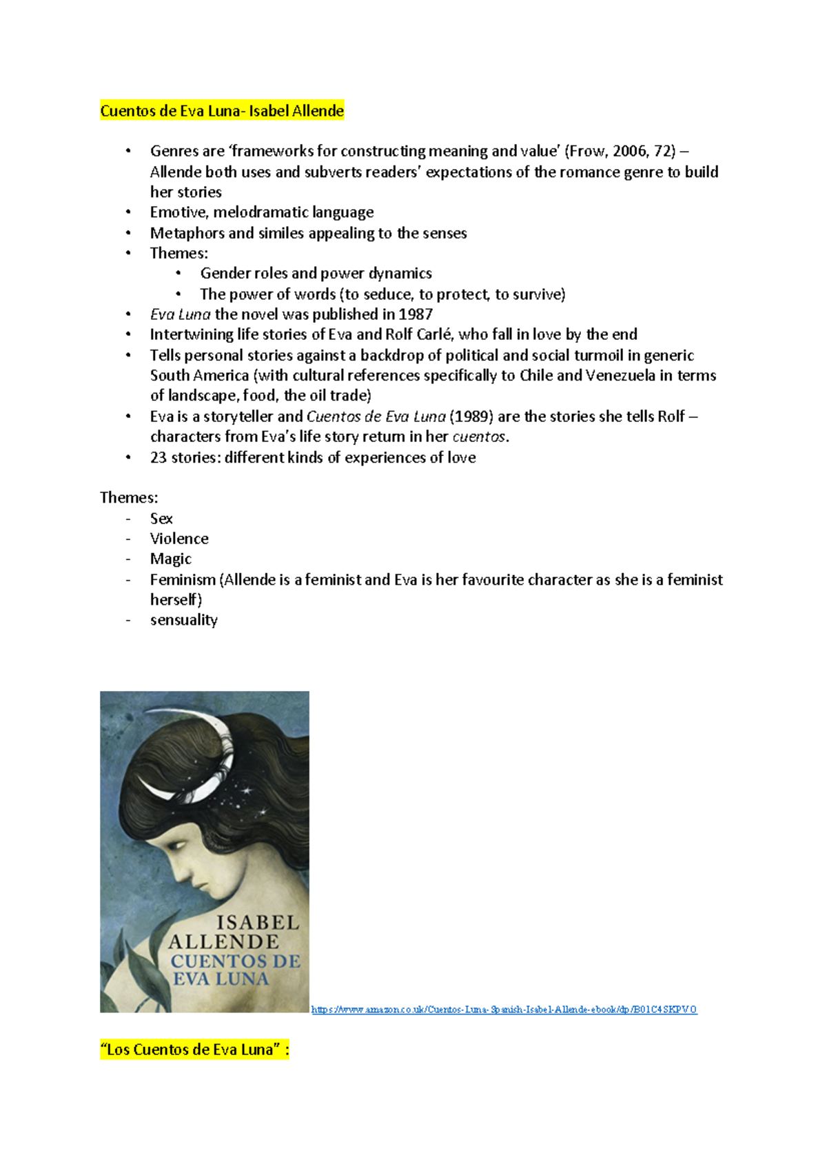 Cuentos De Eva Luna Notes Cuentos De Eva Luna Isabel Allende Genres Are Frameworks For Studocu