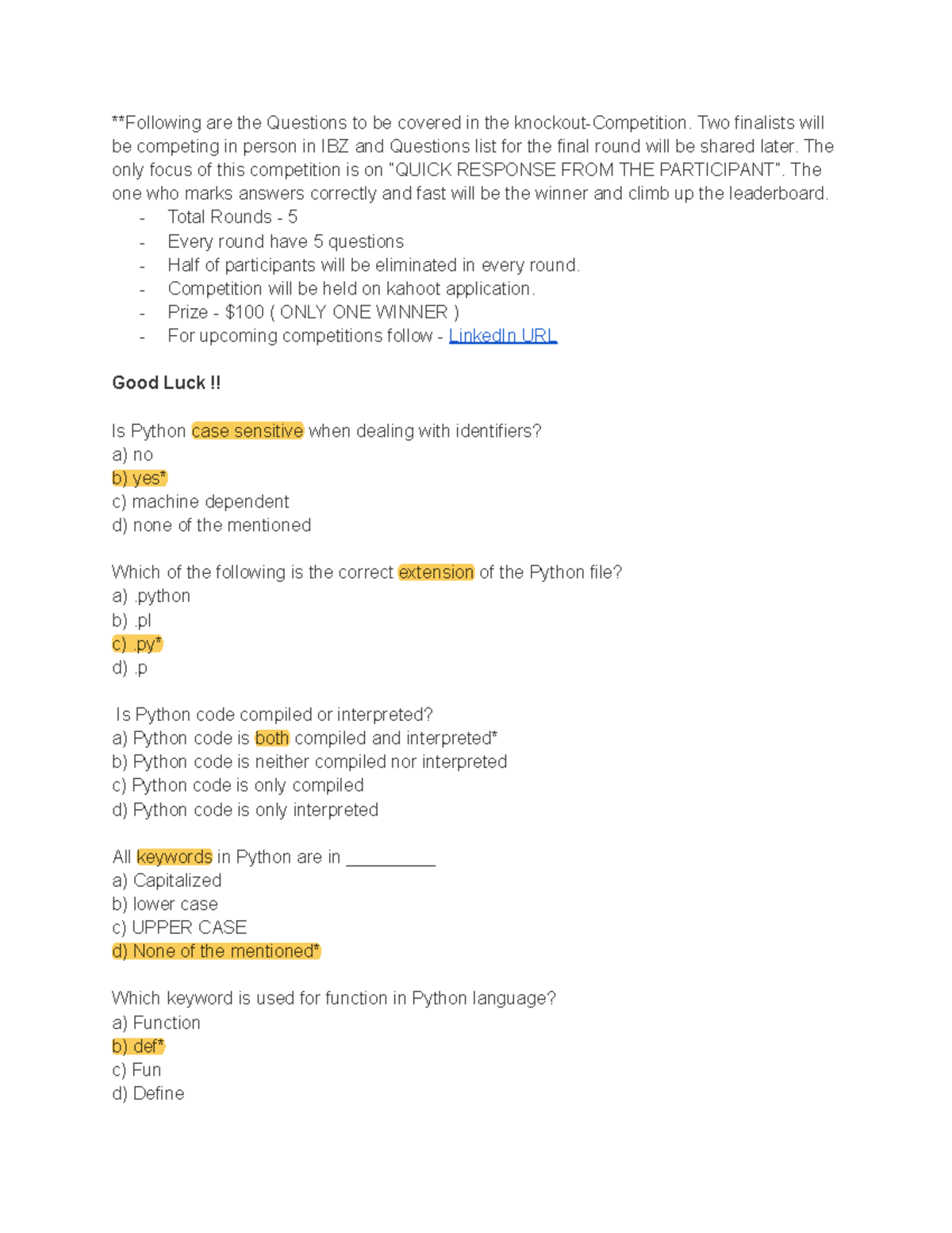 Python knockout questions **Following are the Questions to be covered