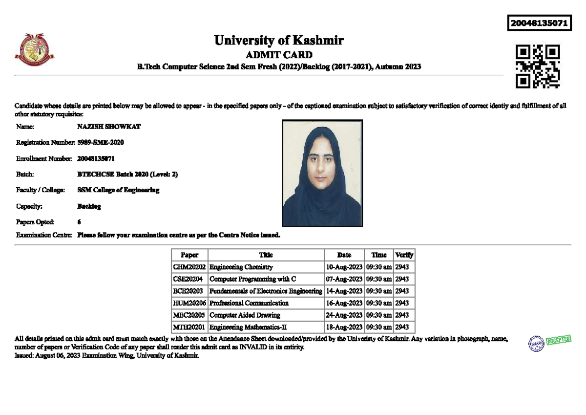 Admittcard - Computer Science - Studocu