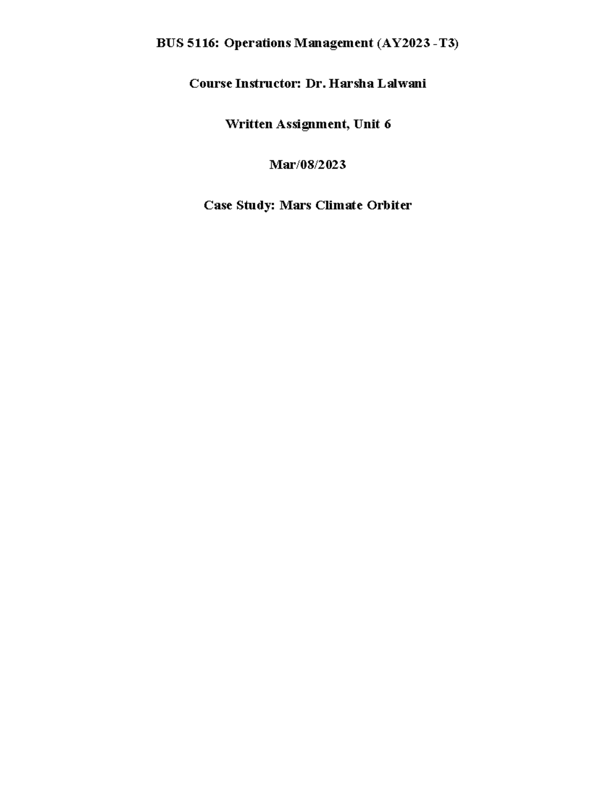 WA U6 - Written Assignment Unit 6 - BUS 5116: Operations Management ...