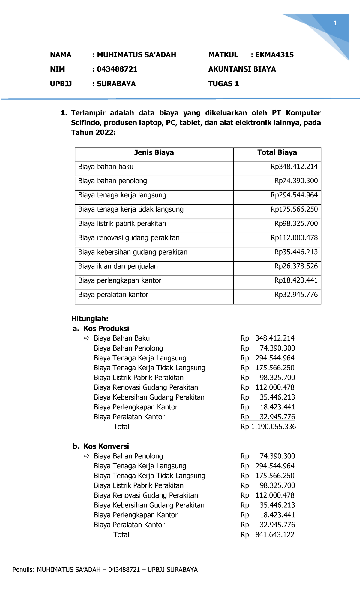 04348871 Muhimatus Saadah EKMA4315 - Akuntansi Biaya Tugas 1 - Penulis ...