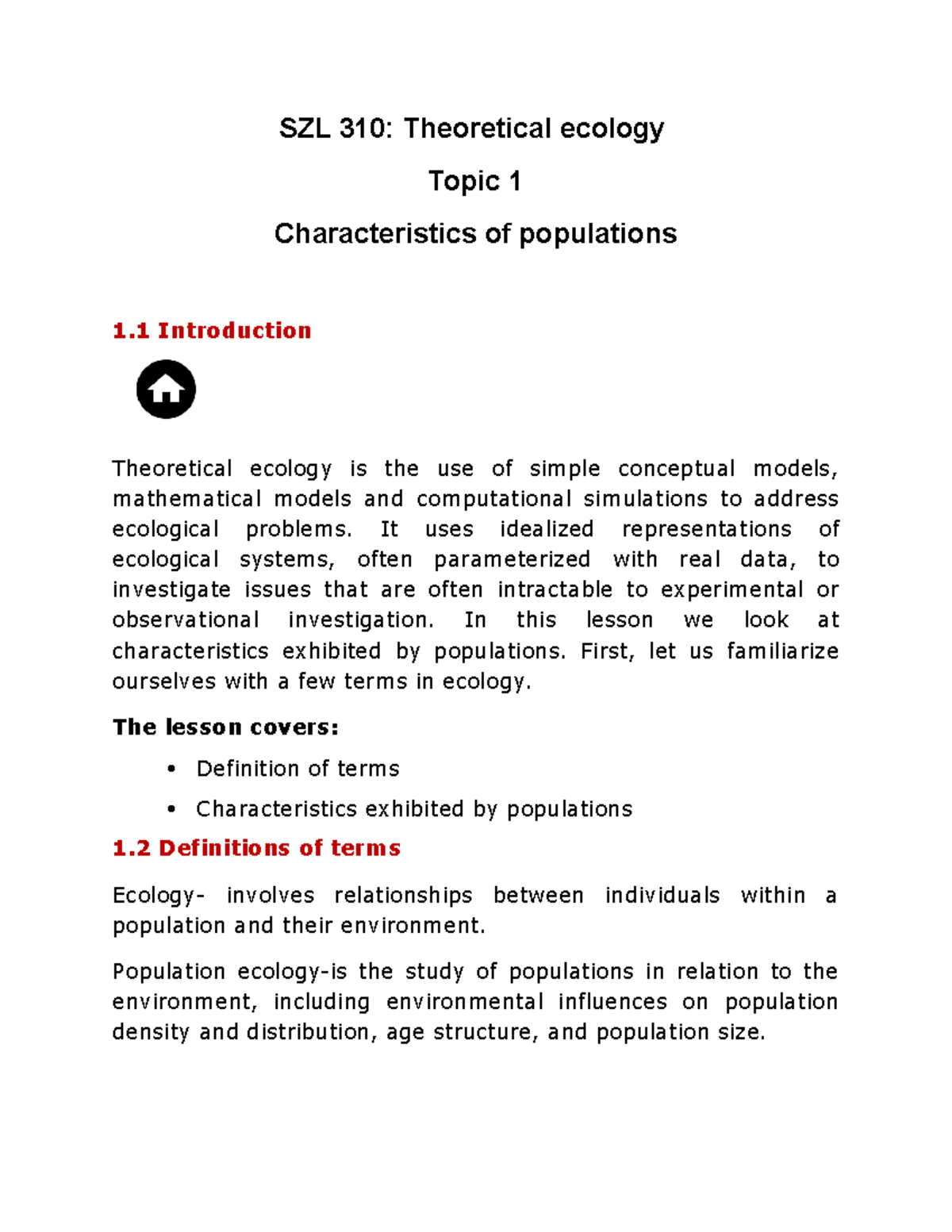 Szl 310 Topic 1 Characteristics Of Populations - Szl 310: Theoretical 