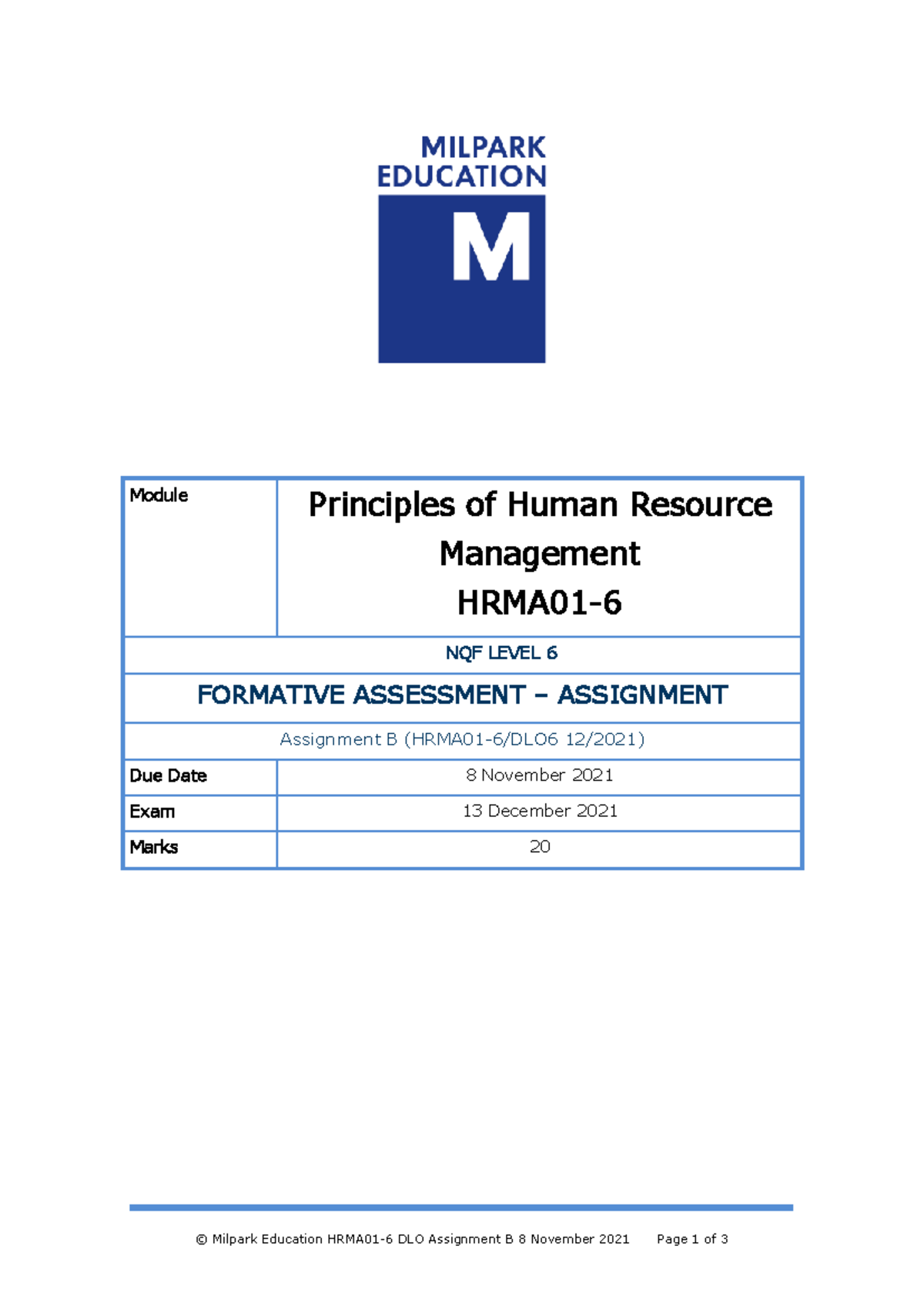 Assignment 2 Questions - © Milpark Education HRMA01-6 DLO Assignment B ...