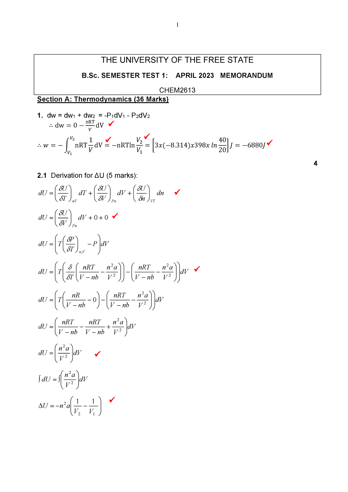 CHEM2613 ST1 Memo BB - Semester Test 1 Memo - THE UNIVERSITY OF THE ...