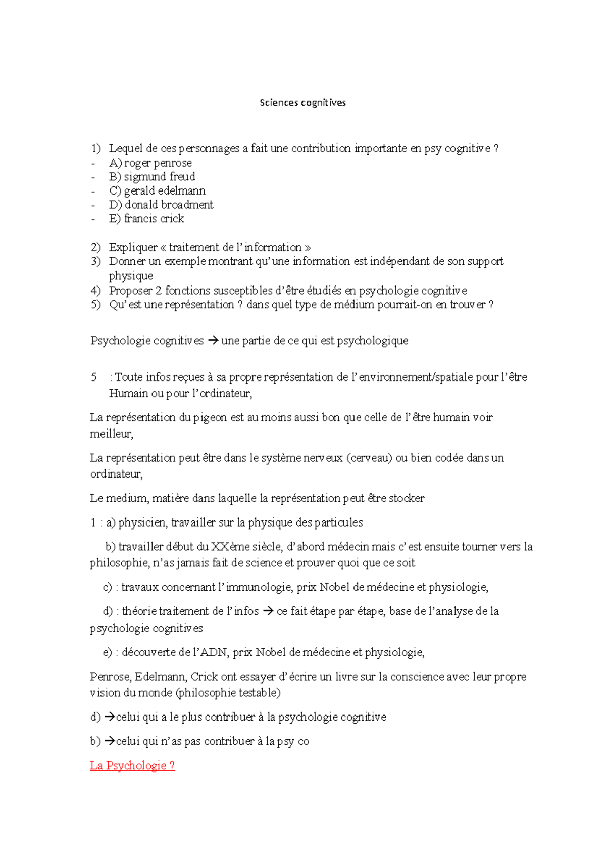 La psychologie - Notes de cours la psycho - Sciences cognitives Lequel ...
