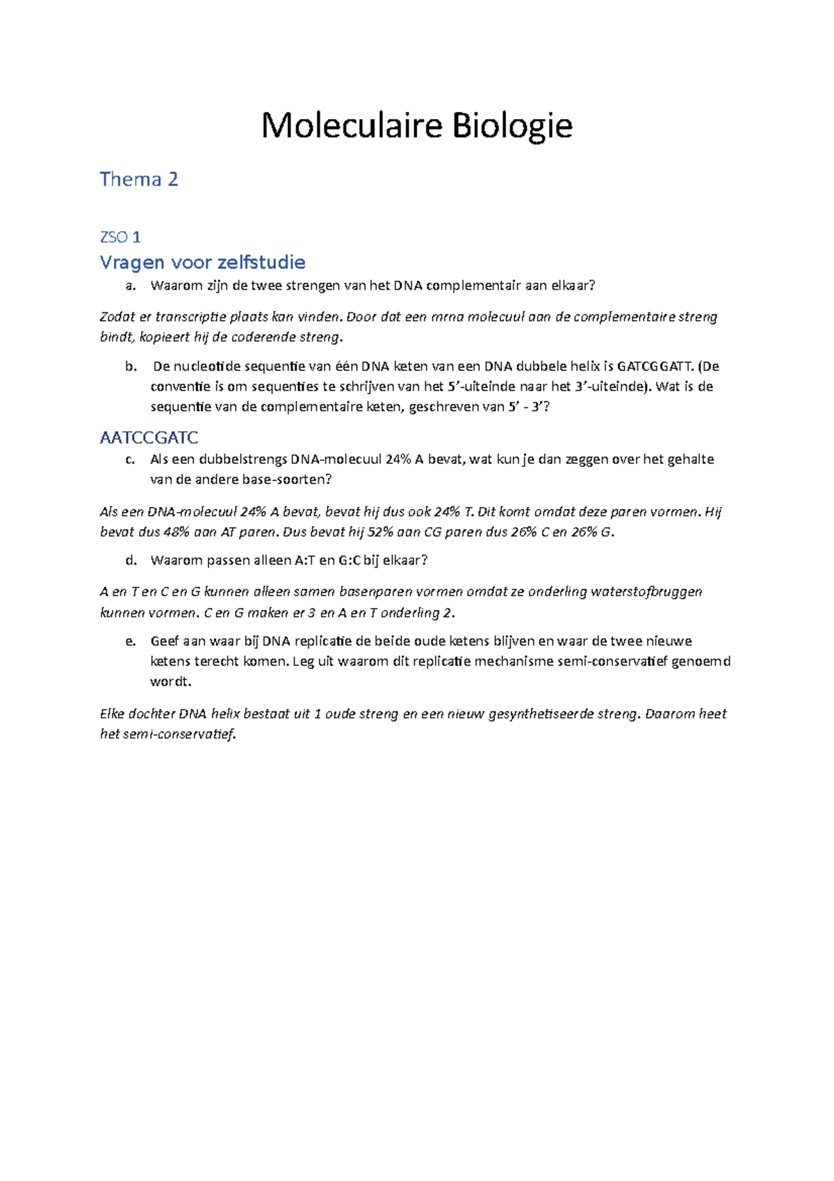 Moleculaire Biologie WG - Moleculaire Biologie Thema 2 ZSO 1 Vragen ...