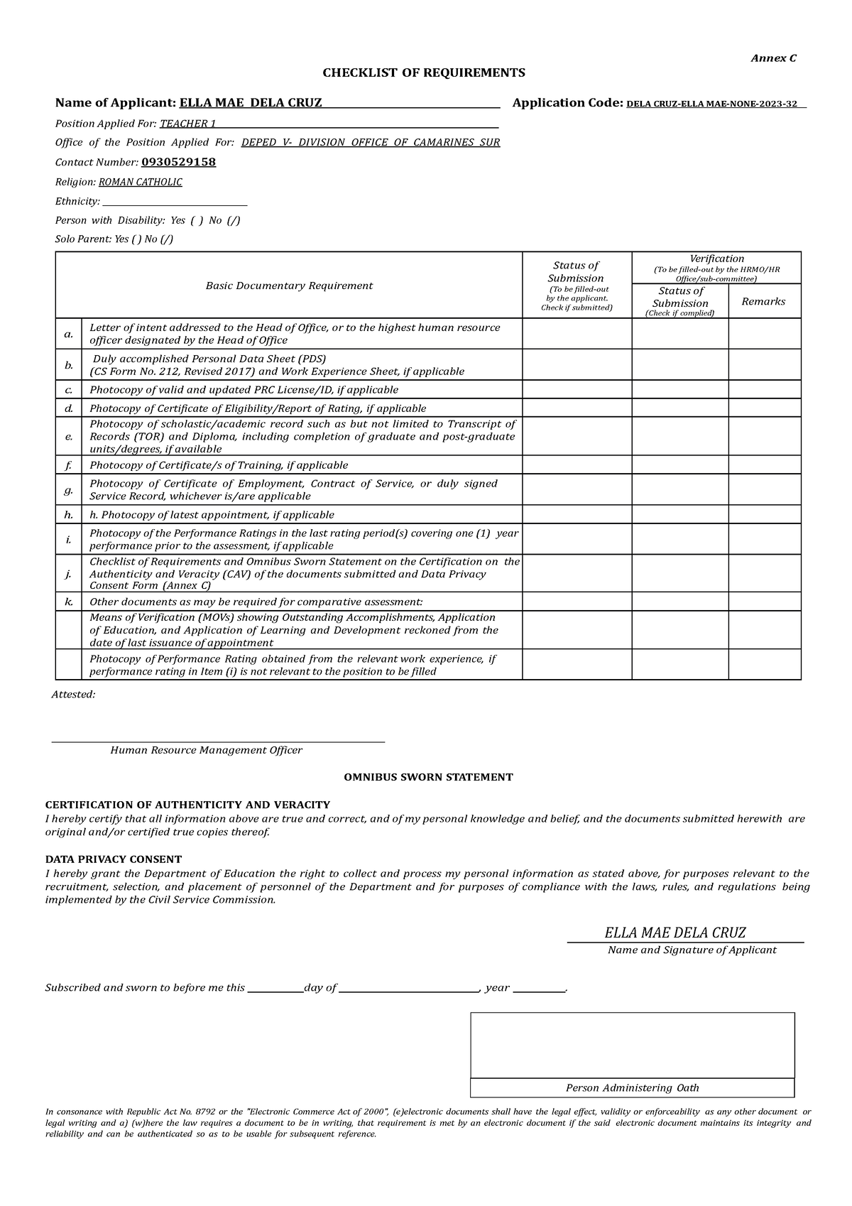 Annex C Checklist of Requirements and Omnibus Sworn Statement