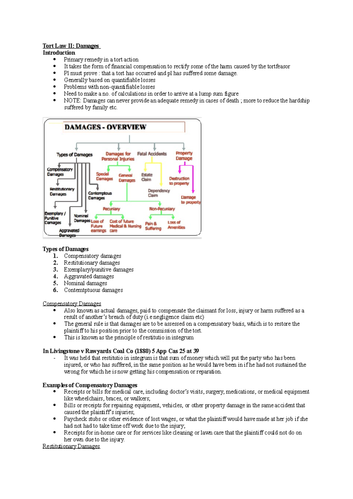 Tort 9. damages - tort notes - Tort Law II: Damages Introduction ...