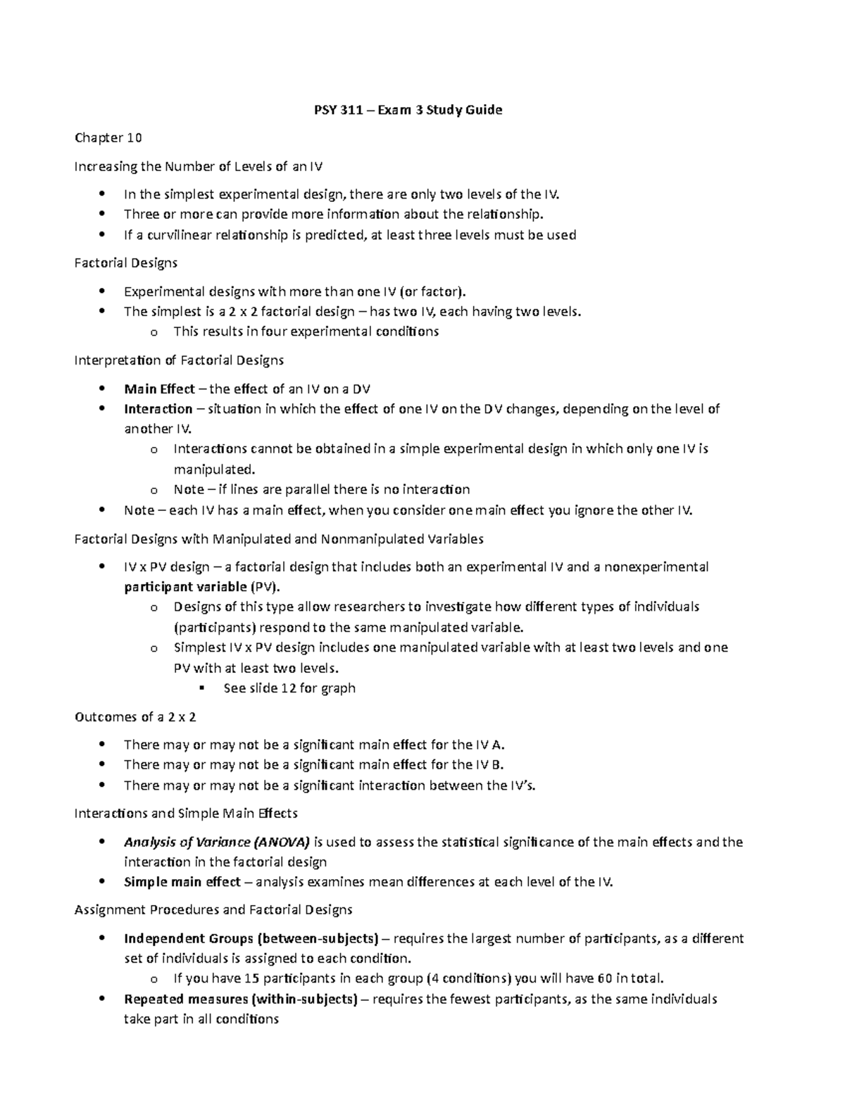 PSY 311 - Exam 3 Study Guide - PSY 311 – Exam 3 Study Guide Chapter 10 ...