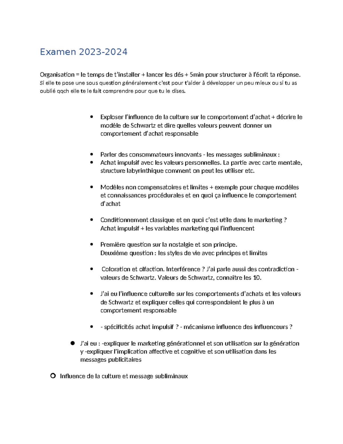 PSYC-E4051 - Examen 2023-2024 - Examen 2023- Organisation = le temps de ...