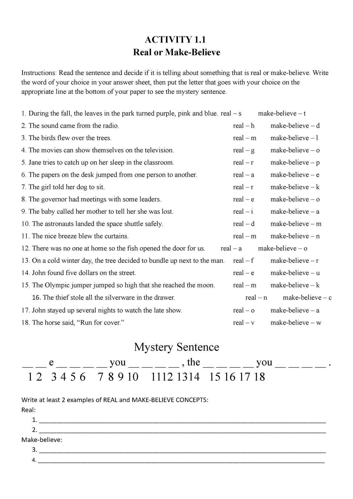 Activity 1 1 Real VS Make believe Mystery Sentence ACTIVITY 1 