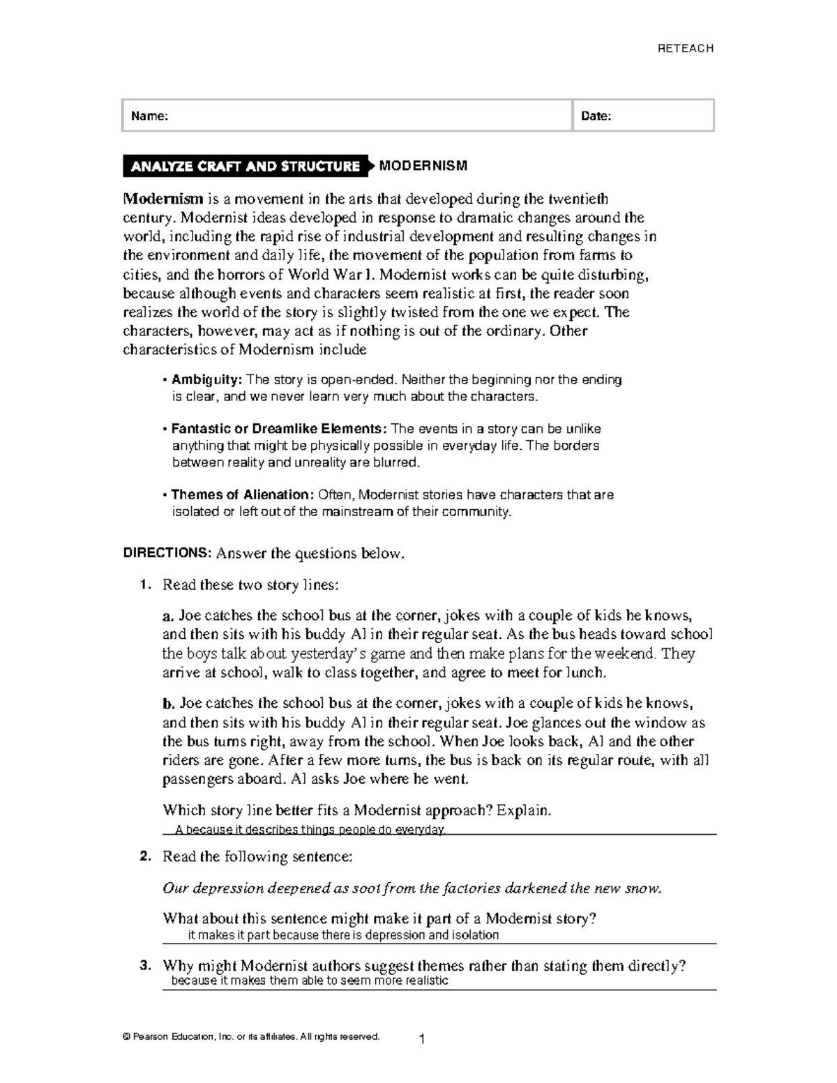 - Moderism english 10cp - RETEACH © Pearson Education, Inc. or its ...
