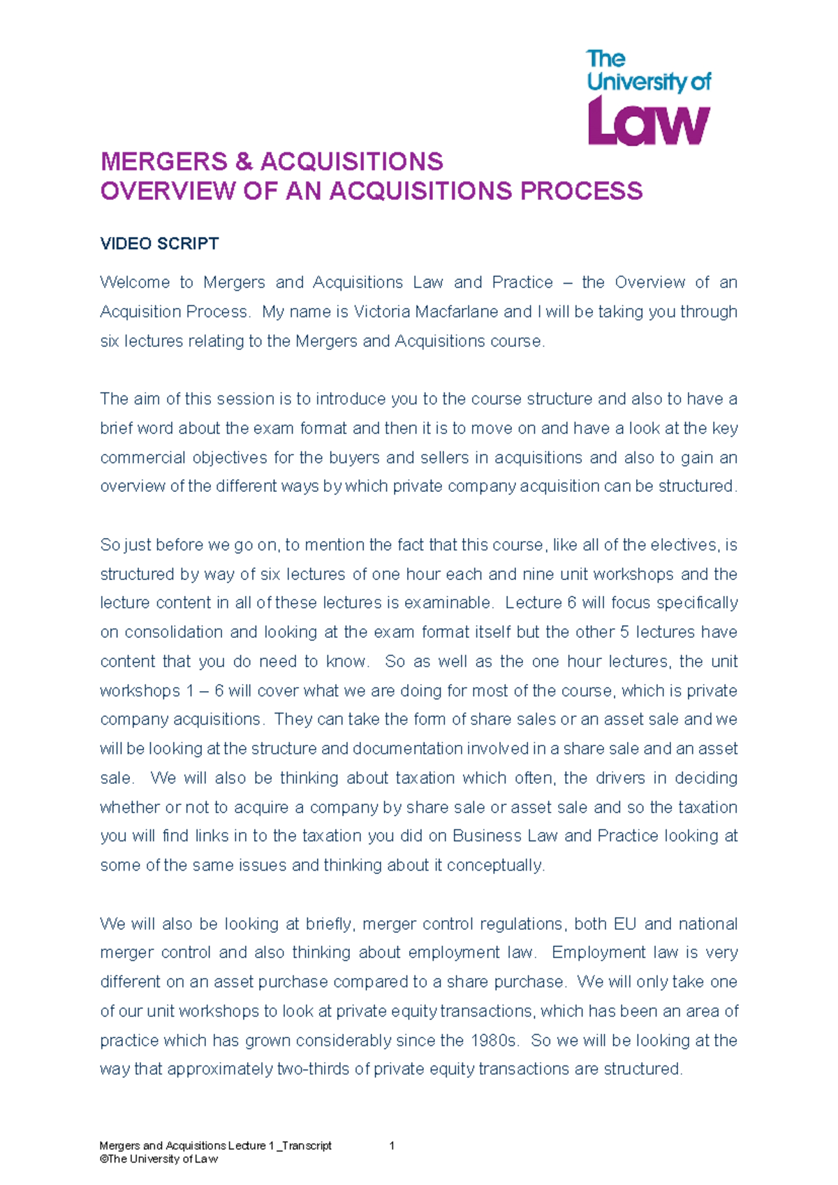 Lecture Notes - MERGERS & ACQUISITIONS OVERVIEW OF AN ACQUISITIONS ...