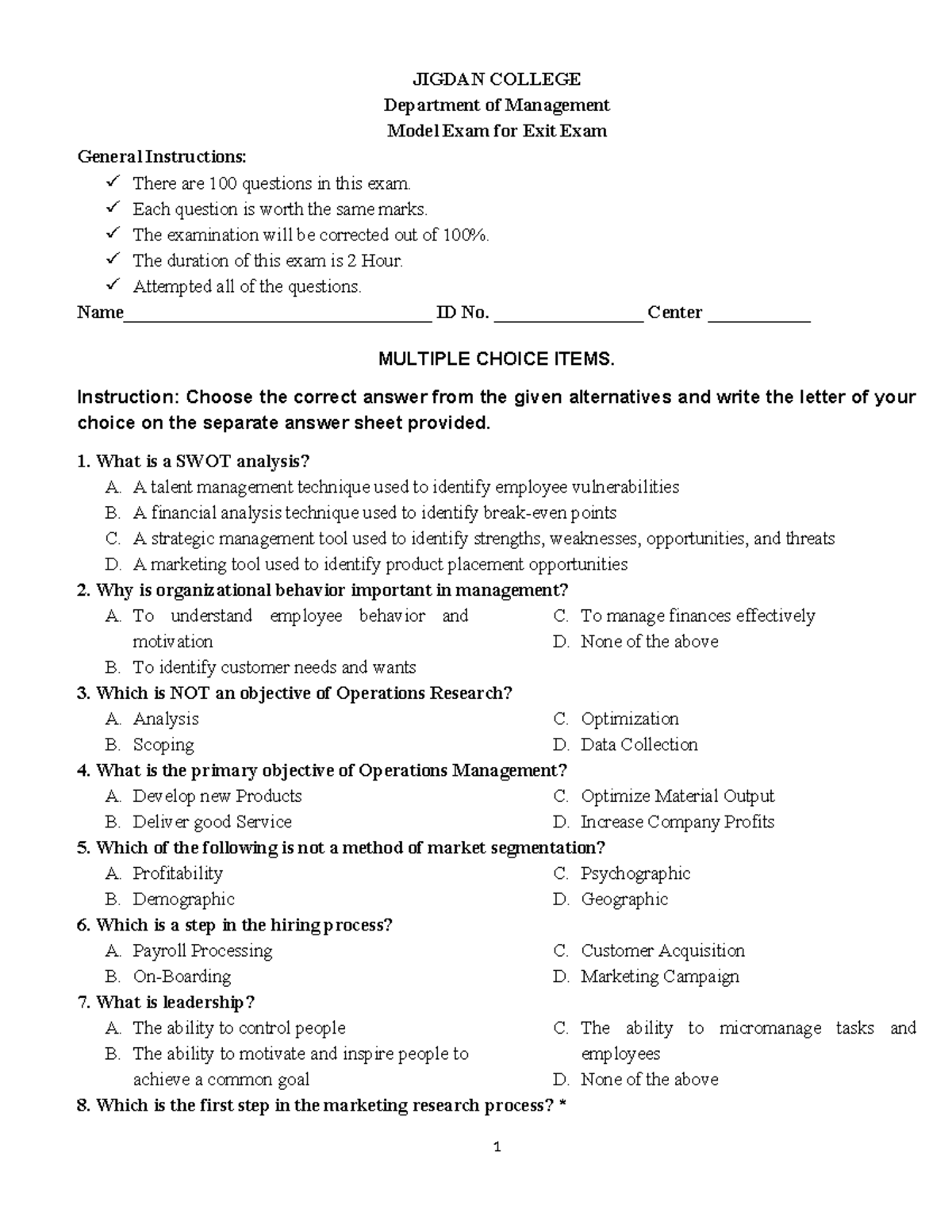 Model EXAM FOR Jigdan College s Ubmitted - JIGDAN COLLEGE Department of ...