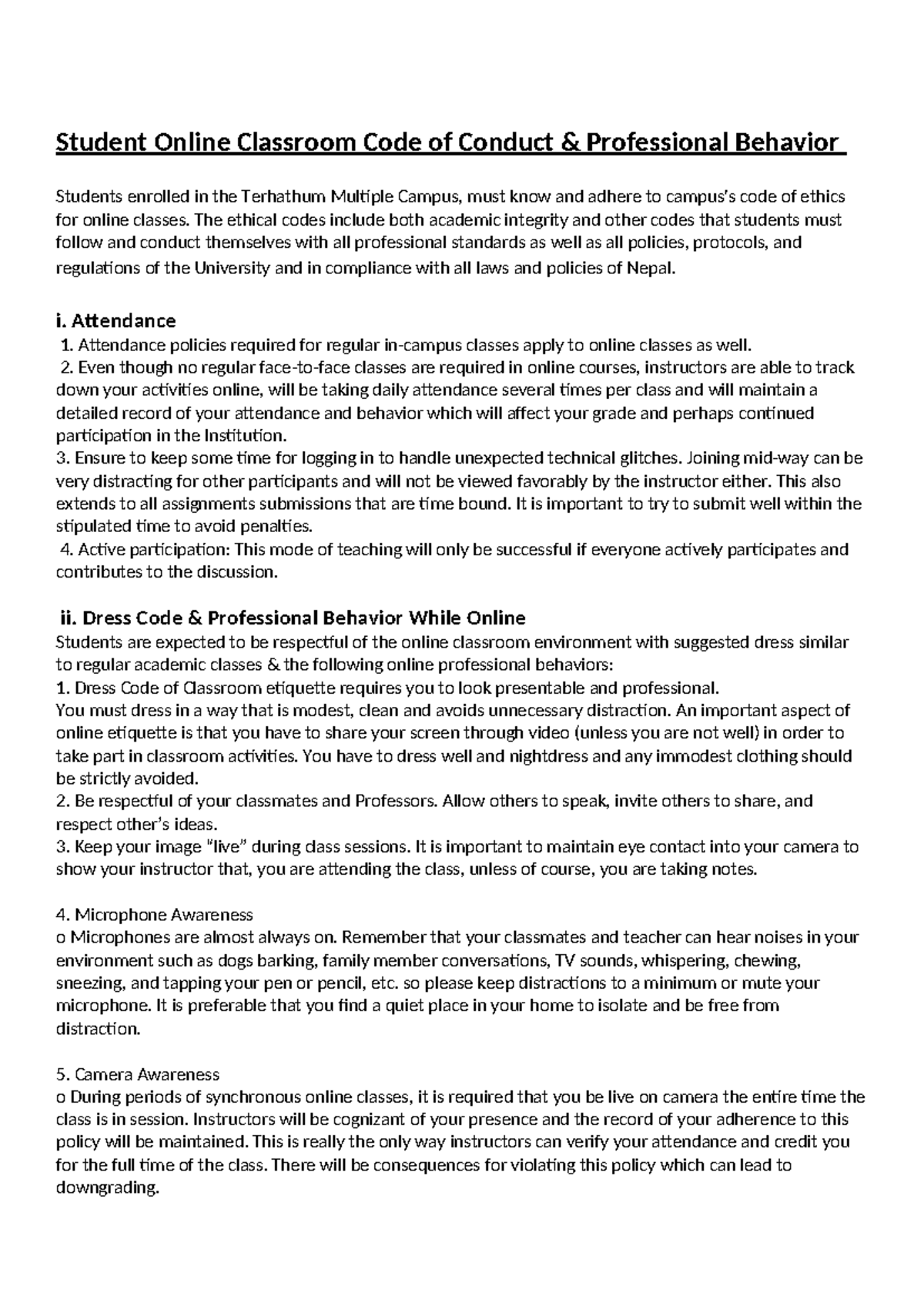 Code ,conduct online class - Student Online Classroom Code of Conduct ...