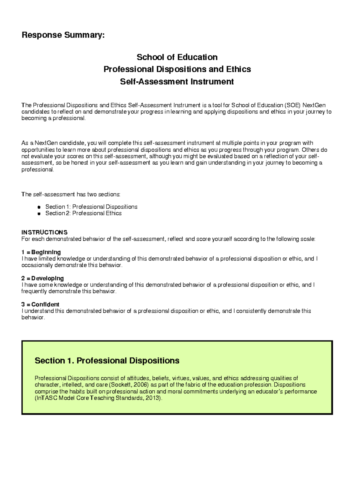 SOE Professional Dispositions and Ethics Self-Assessment - Response ...