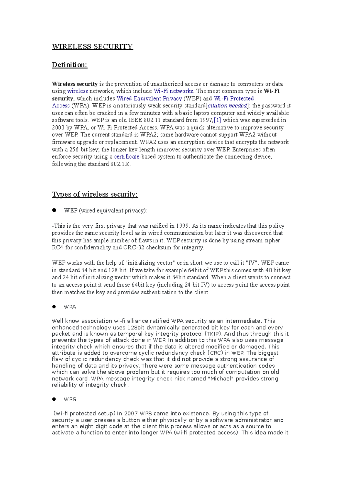 Report - network notes - WIRELESS SECURITY Definition: Wireless ...