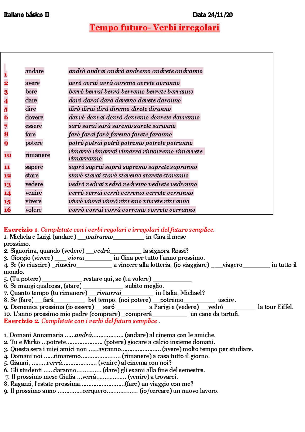 Futuro DEI Verbi Irregolari - Italiano Básico II Data 24/11/2 0 Tempo ...