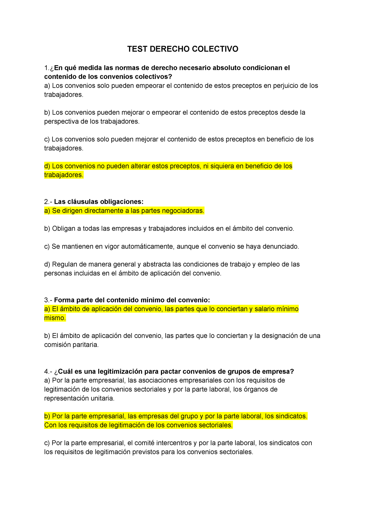 Dcho. Colectivo - TEST DERECHO COLECTIVO 1.¿En Qué Medida Las Normas De ...