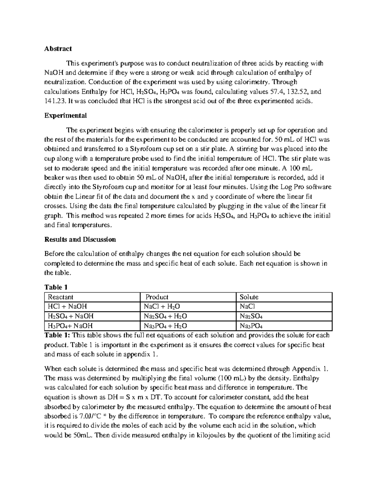 Abstract 1 - chem lab for Enthalpy of Neutralization - Abstract This ...