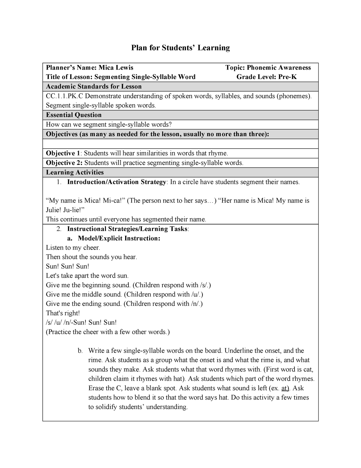 343962406 lesson plan for phonemic awareness - Plan for Students ...