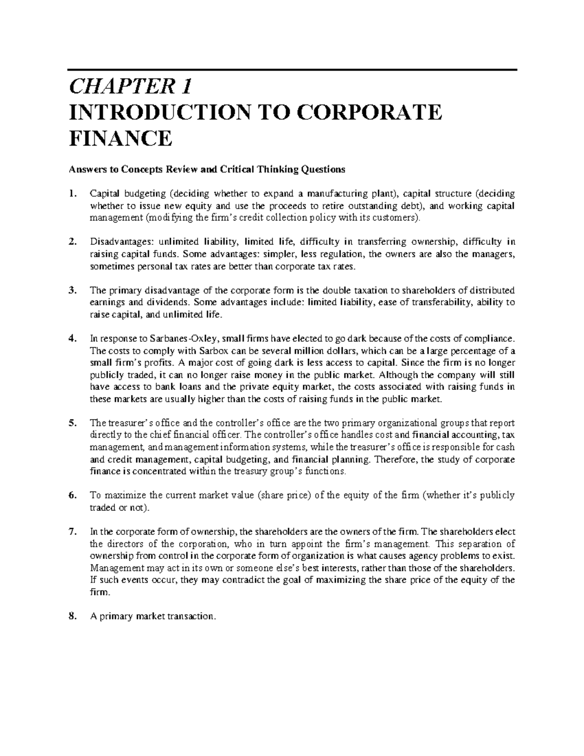 Chapter 1 solutions - CHAPTER 1 INTRODUCTION TO CORPORATE FINANCE ...