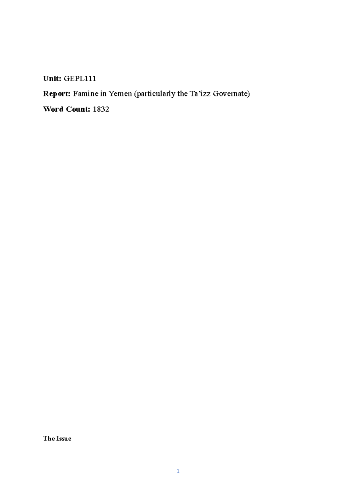 GEPL111 assignment on yemen - Unit: GEPL Report: Famine in Yemen ...