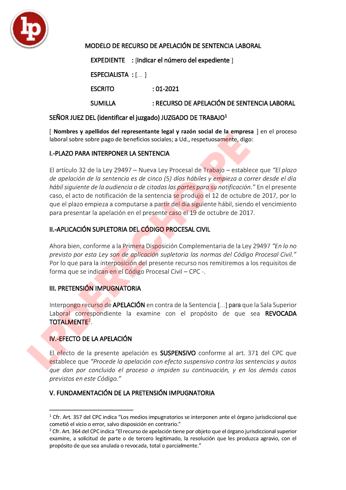 Modelo De Apelacion Laboral LP - MODELO DE RECURSO DE APELACI”N DE ...