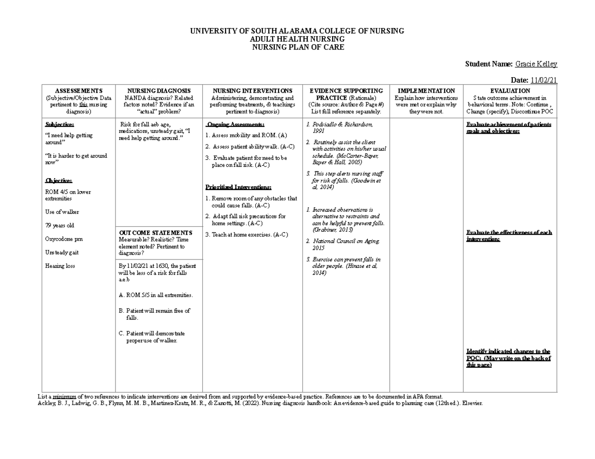 risk-for-fall-cp-care-plan-university-of-south-alabama-college-of