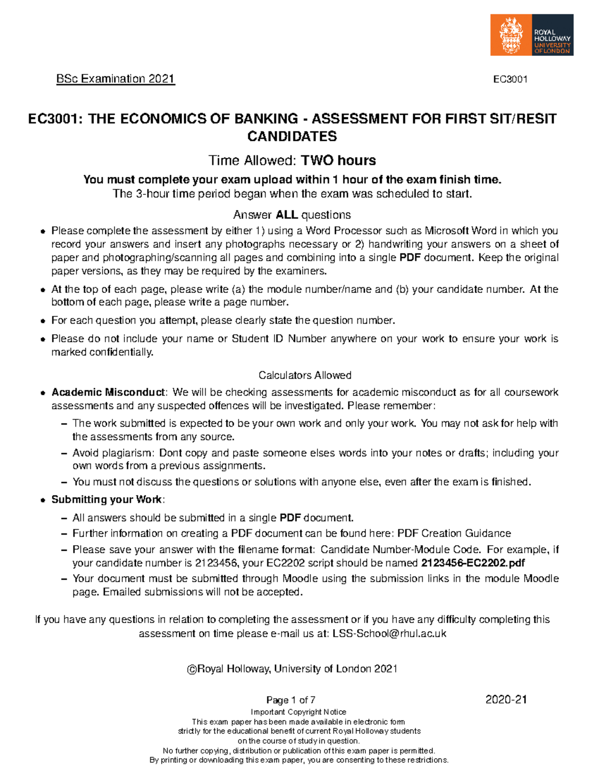 EC3001 exam 2021 - exam - BSc Examination 2021 EC EC3001: THE ECONOMICS ...