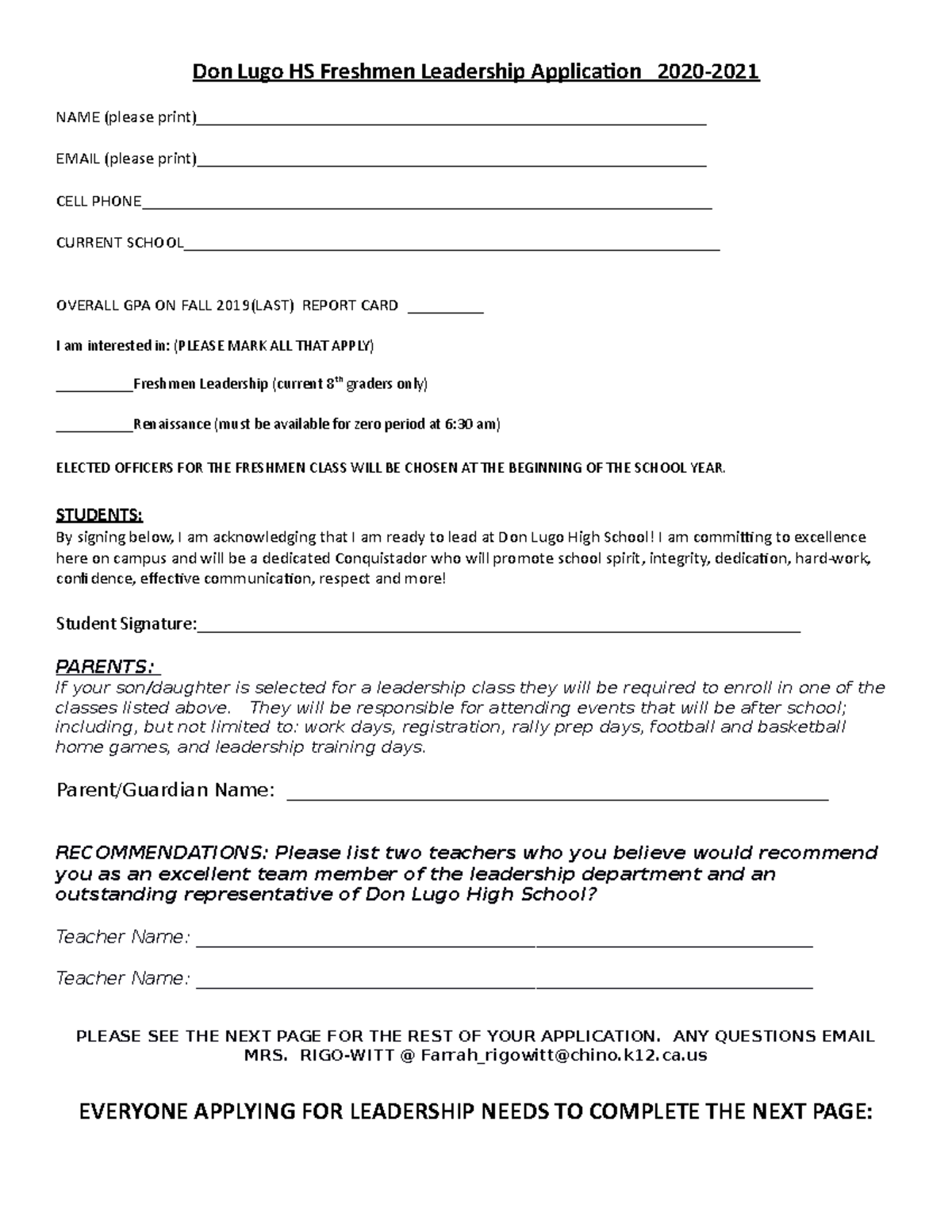 Leadership Dept Freshmen application 20-21 - Don Lugo HS Freshmen ...