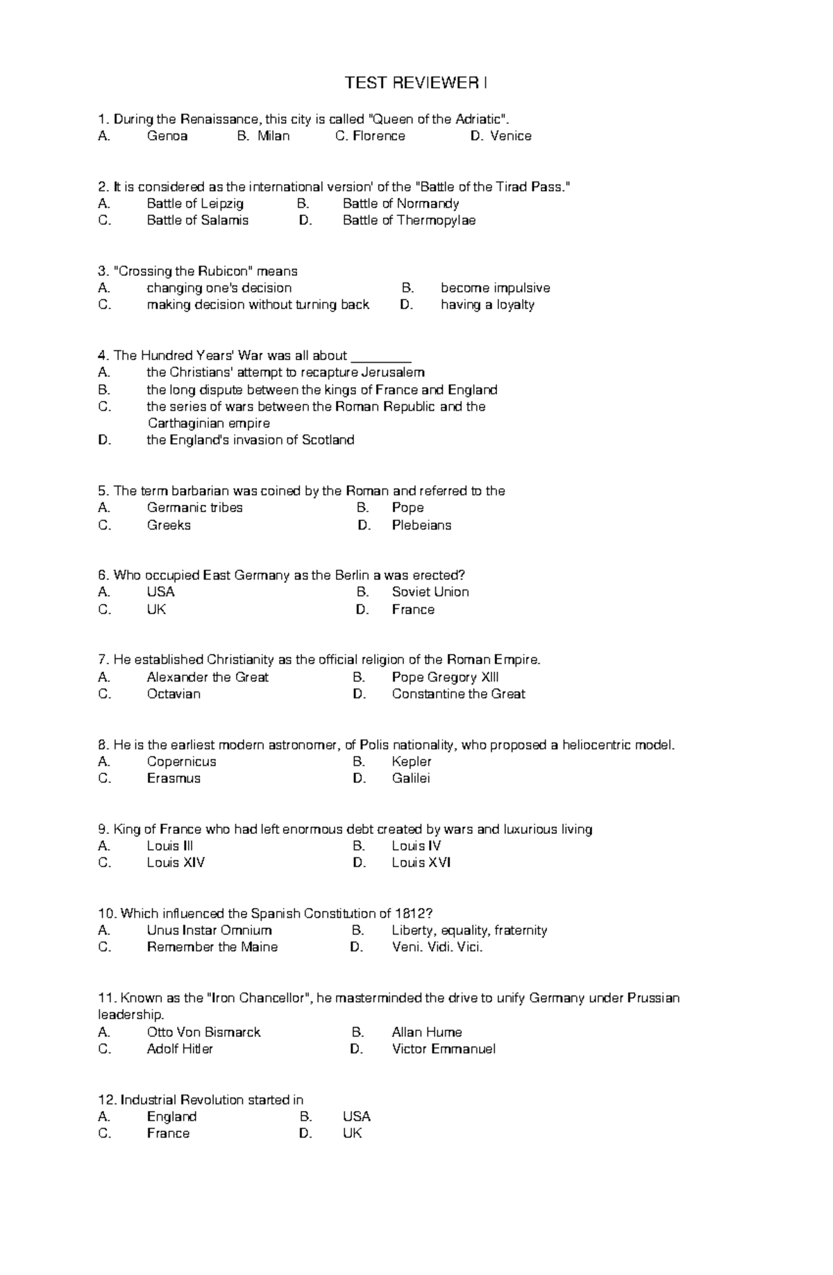 TEST- Reviewer-I - Lecture - TEST REVIEWER I During the Renaissance ...