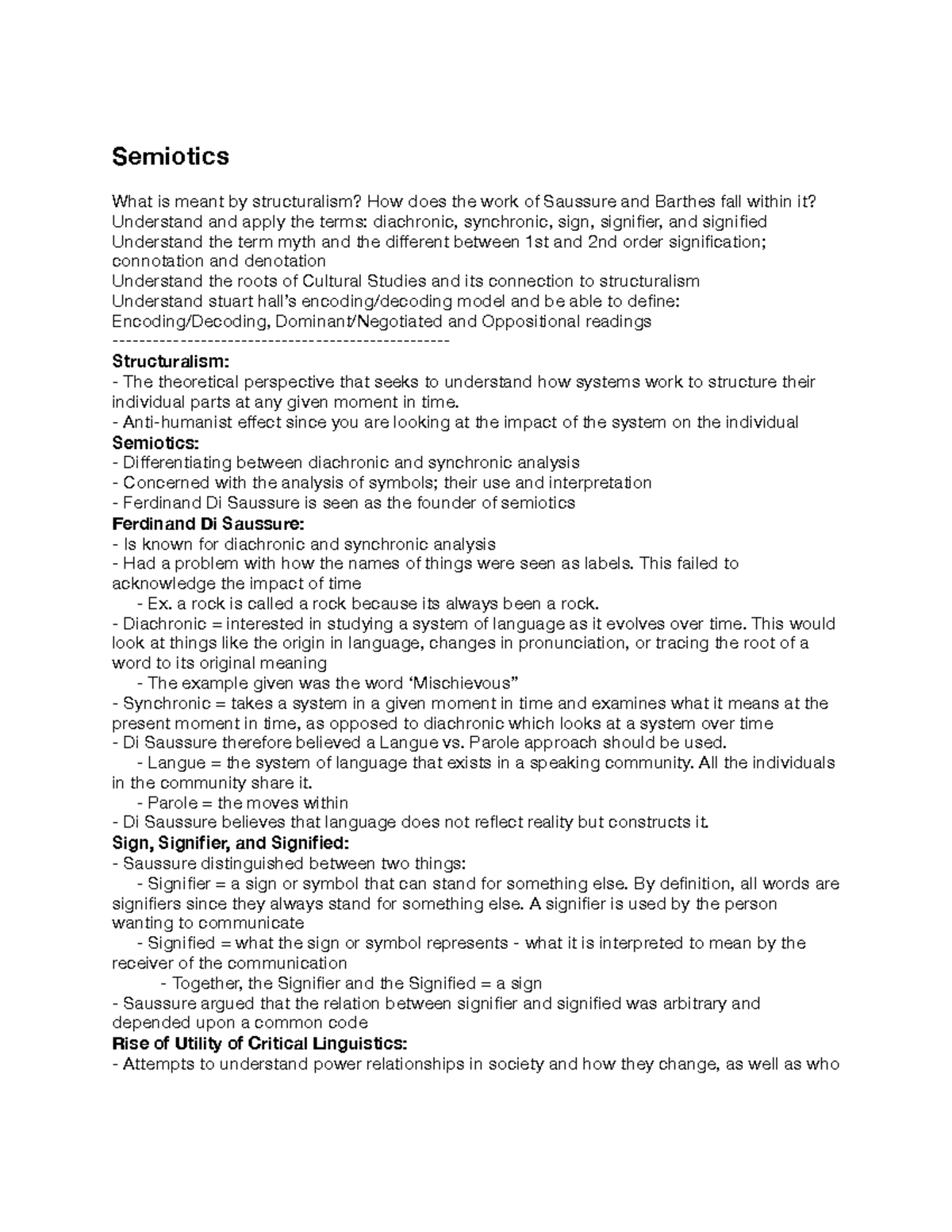Lecture notes, Semiotics - Semiotics What is meant by structuralism ...